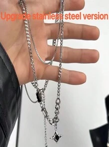 1pc Fashionable Personalized Double Layered Star Pendant Necklace For Men, Retro & Fashionable, Perfect For Sweater Chain, Unique Accessory - Silver - View 2