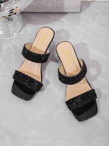Damskie klapki na grubym obcasie zdobione kryształkami, modne, letnie - Czarne - Zobacz 2