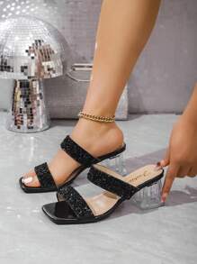 Damskie klapki na grubym obcasie zdobione kryształkami, modne, letnie - Czarne - Zobacz 3