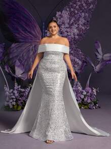 Faeriesty 露肩系带后背缎面拖尾亮片婚纱 - 白色 - 查看 2