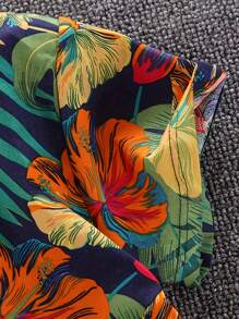 Set di bermuda e camicia a maniche corte con colletto alla coreana, stampato con foglie tropicali e motivi floreali, adatto per ragazzi, per l'estate