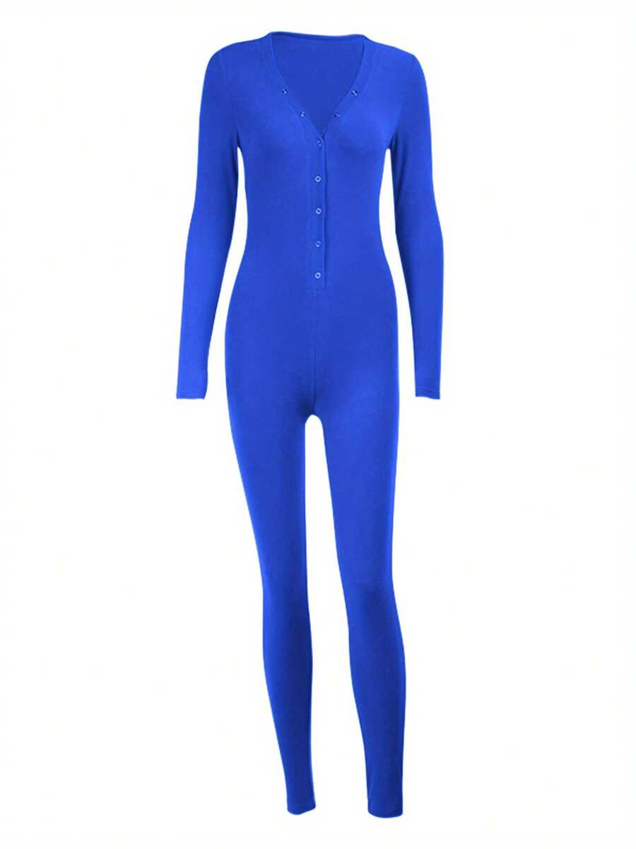 Women Deep V Neck Pajamas Jumpsuit, Solid Long Sleeve One Piece Romper Bodysuits - Màu xanh lam - Xem 1