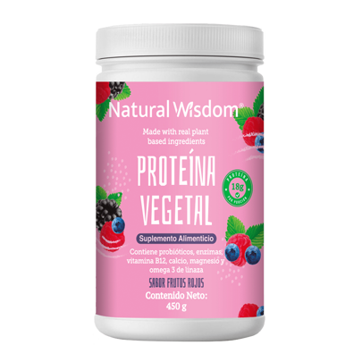 Proteína Vegetal sabor Frutos Rojos 450 g - Probióticos, enzimas, vitamina B12, calcio, magnesio y Omega 3 de linaza