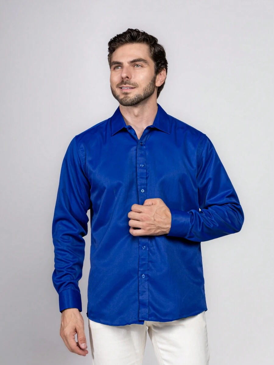 Men's Plain Wrinkle-Free Dress Shirt - Xanh đậm - Xem 1