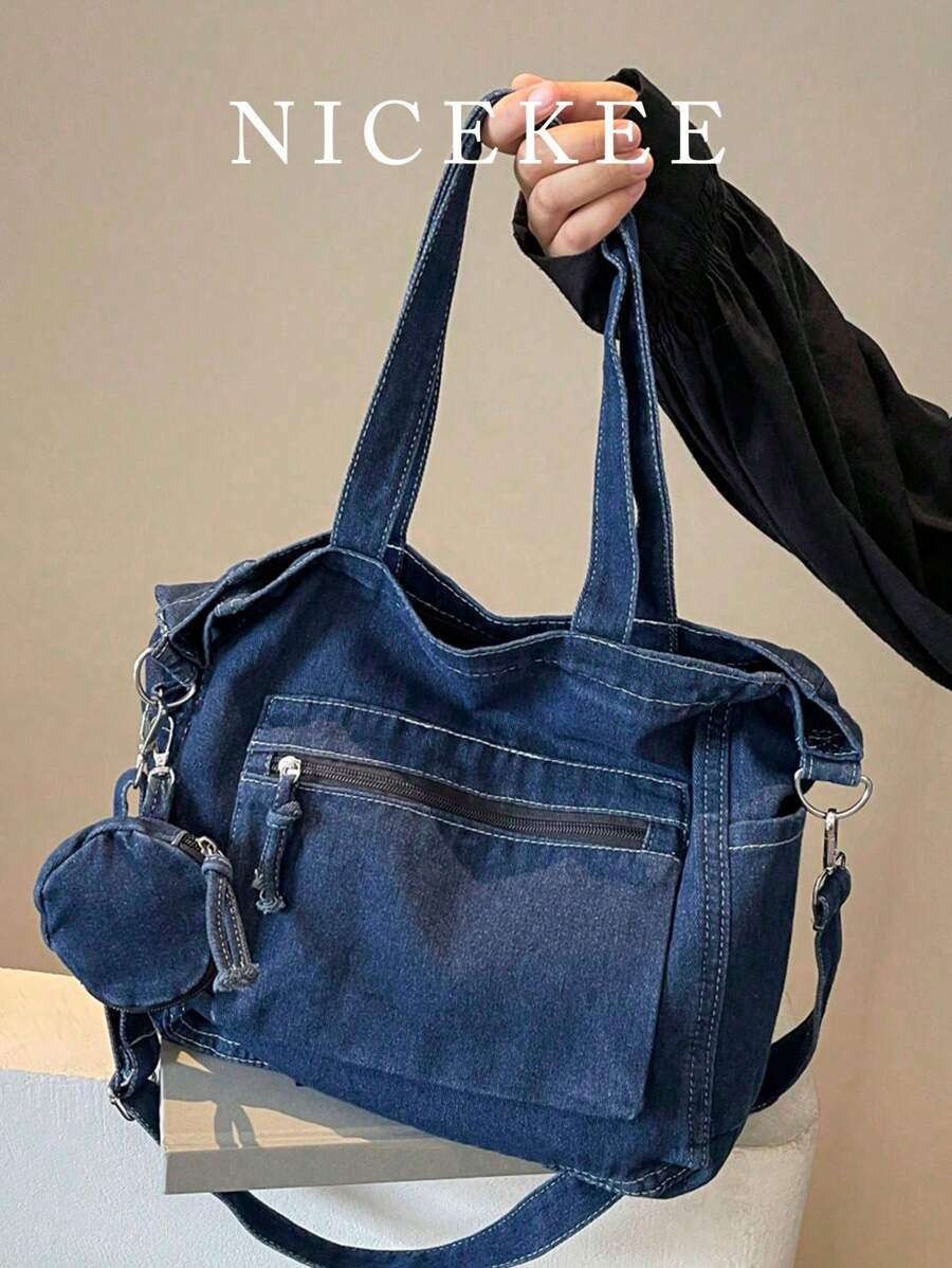 2pcs Fashionable New Retro Style Large Capacity Tote Bag Niche Design Solid Color Casual Simple Shoulder Bag Portable Adjustable Shoulder Strap Messenger Bag Suitable For Work Commuting Students To Class Daily Outings Shopping. - Màu xanh lam - Xem 1