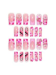 Luxury Sweet Cool High-End Design Cherry Star Heart Flashing Rhinestone Star European And American Wearable Nails European Square Medium False Nails Suitable For Girls And Women Gifts With Jelly Glue And Nail File