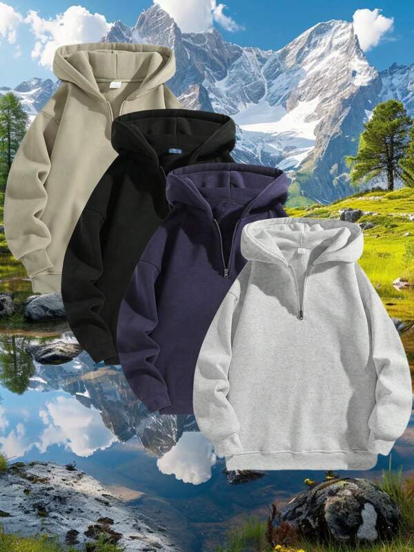 Men's Fashion Printed Half Zip Gray Sweatshirt, Suitable For Outdoor Park Walking, Grass Kicking, Fishing And Other Places