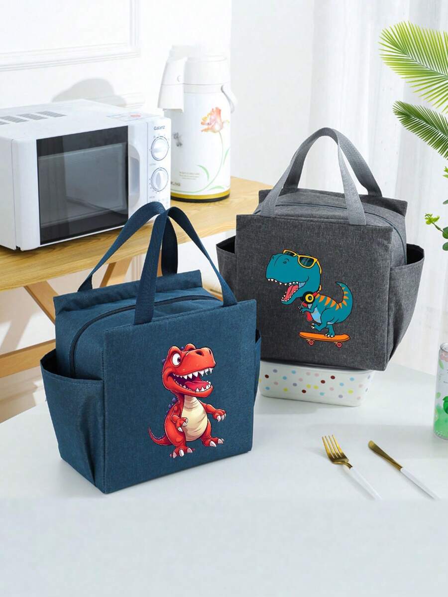 卡通恐龙印花保温午餐袋 - 双层设计，厚铝箔，拉链封口，帆布衬里，时尚野餐袋，完美的礼物选择
