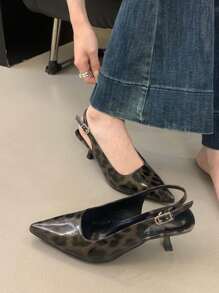 女士时尚豹纹细高跟鞋，2025 年春夏新款百搭法式漆皮包头系带凉鞋
