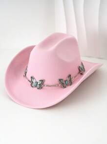 1pc Silvery Metal Butterfly Felt Cowgirl Hat, Fashionable , Suitable For Western-Style Outfits And Occasions Like Western Themed Events, Music Festivals