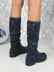 Women's New Suede Leopard Print Round Toe Boots, High Chunky Heel Thick Platform Foldover Knee High Fashion Boots, Slimming