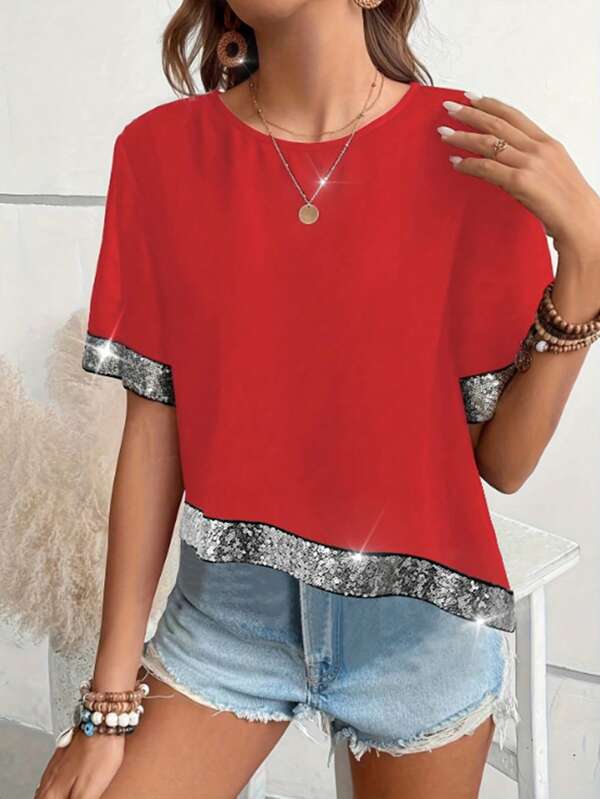 Women's Fashion Vibrant Color-Blocked Sequined Crew Neck Shirt Casual Short Sleeve Asymmetric Hem Top For Spring/Summer