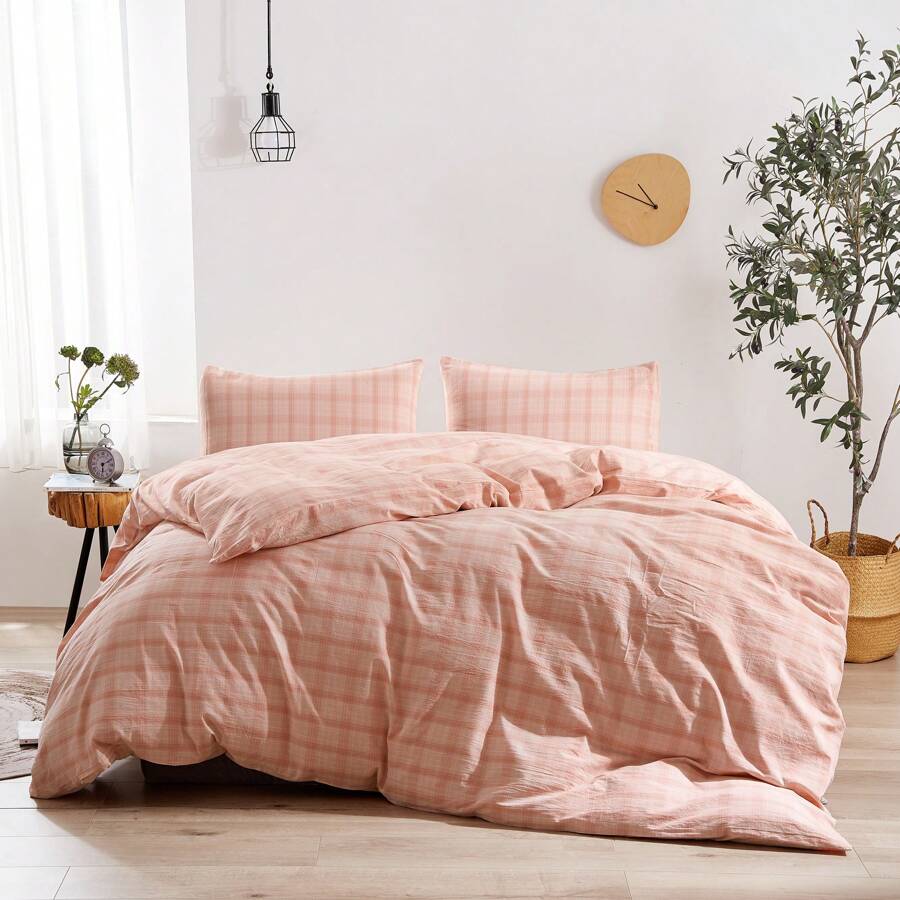 Juego de funda nórdica de 3 piezas 100 % algodón lavado, juego de cama a cuadros con cierre de cremallera, ultra suave y de fácil cuidado, 1 funda nórdica y 2 fundas de almohada