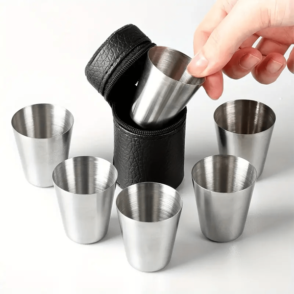 7pcs Set[Popular Choice]Stainless Steel Mini Glasses, Small Shot Glasses, 5pcs/7pcs - Reusable, Hand Wash Only, Portable For Outdoor, Travel, Picnic, Party, Holiday Gift | Modern Minimalist | Stainless Steel & PU Leather Cups
