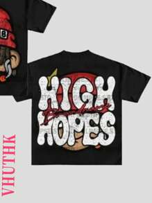 (Camiseta 100% algodón 220) Camiseta casual de hombre de cuello redondo y manga corta de puro algodón con estampado de gran cabeza estilo Y2K americano - Negro - Ver 3