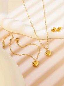 VceTd Bộ 4 chiếc/Bộ vòng cổ, vòng tay, hoa tai phong cách cổ điển thanh lịch với mặt dây chuyền bằng thép không gỉ hình trái tim vỏ sò màu trắng hoặc hình trái tim nữ hoàng bằng nhựa màu đỏ, thích hợp cho phụ nữ đeo khi dự tiệc, đám cưới hoặc làm quà tặng ngày lễ tình nhân - Vàng - Xem 10