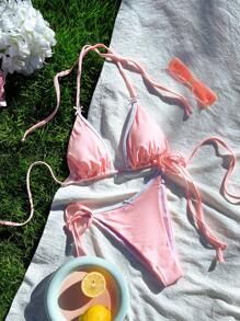 PEPPERMOLLY 全新柔软对比绑带吊带比基尼套装，女士时尚沙滩泳装，粉色泳装，适合夏季度假 - 粉色 - 查看 1