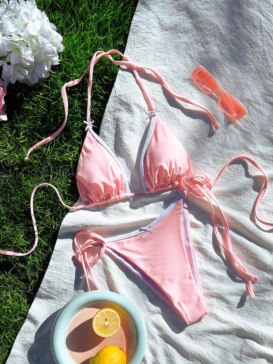 PEPPERMOLLY 全新柔软对比绑带吊带比基尼套装，女士时尚沙滩泳装，粉色泳装，适合夏季度假 - 粉色 - 查看 1
