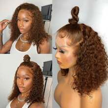 棕色卷发鲍勃假发真人发 13x4 棕色深波浪蕾丝前假发真人发预拔婴儿发 180% 密度 10-16 英寸 女士 - 巧克力棕 - 查看 5