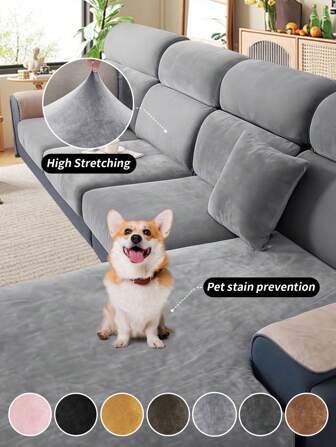 1pc Silver Fox Velvet Sofa Seat Cushion Cover, Classic Minimalist Solid Color Elastic Anti-Dust Decorative Protective Slipcover, Suitable For Hotel, Bedroom, Living Room Gifts Birthday Graduation Sofa Cover Couch Cover Sofa Covers Room Decor Living Room Decor