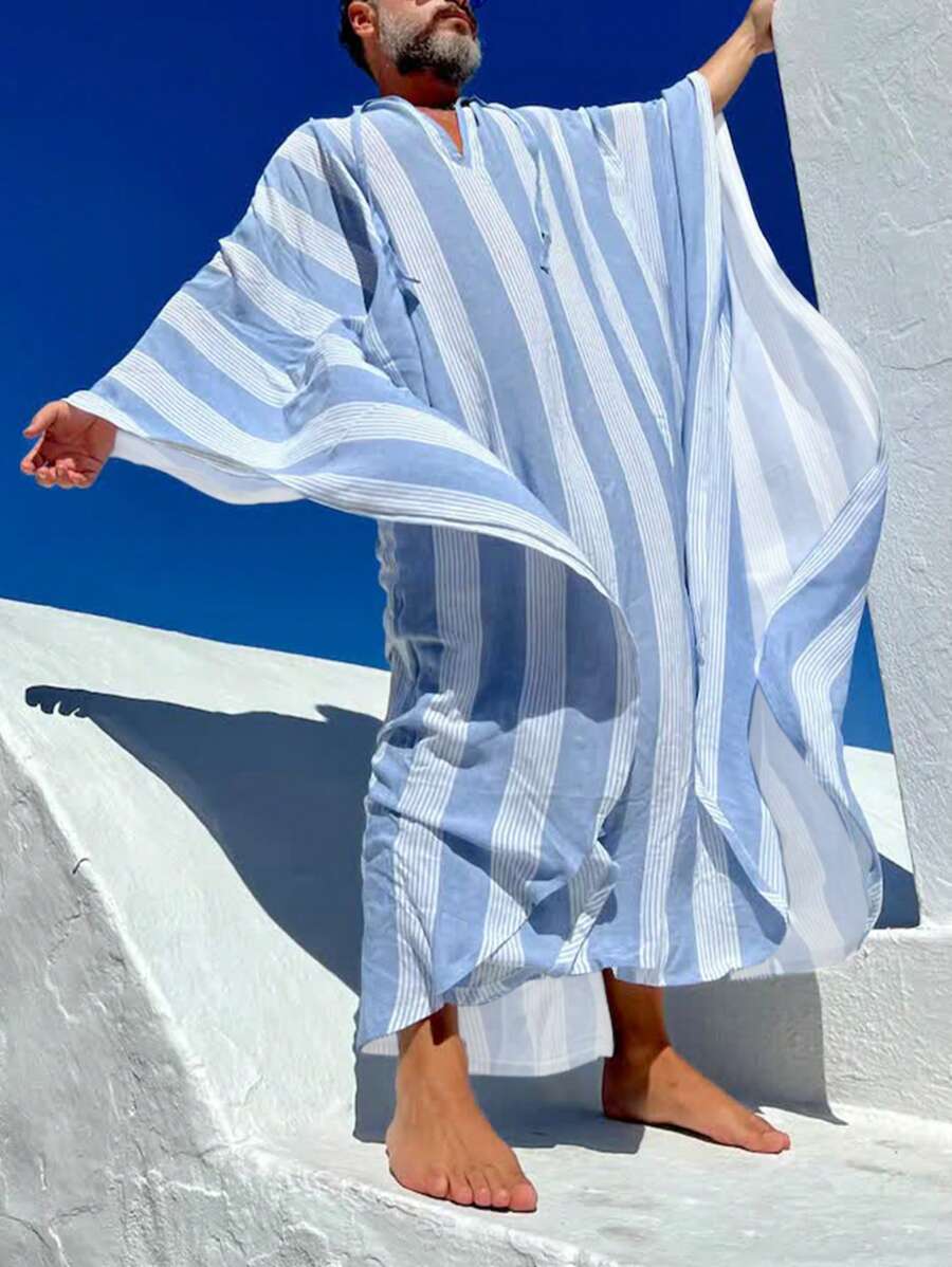 Men's Robe Greek Style Robe Striped V-Neck Long Sleeve Bohemian Loose ...