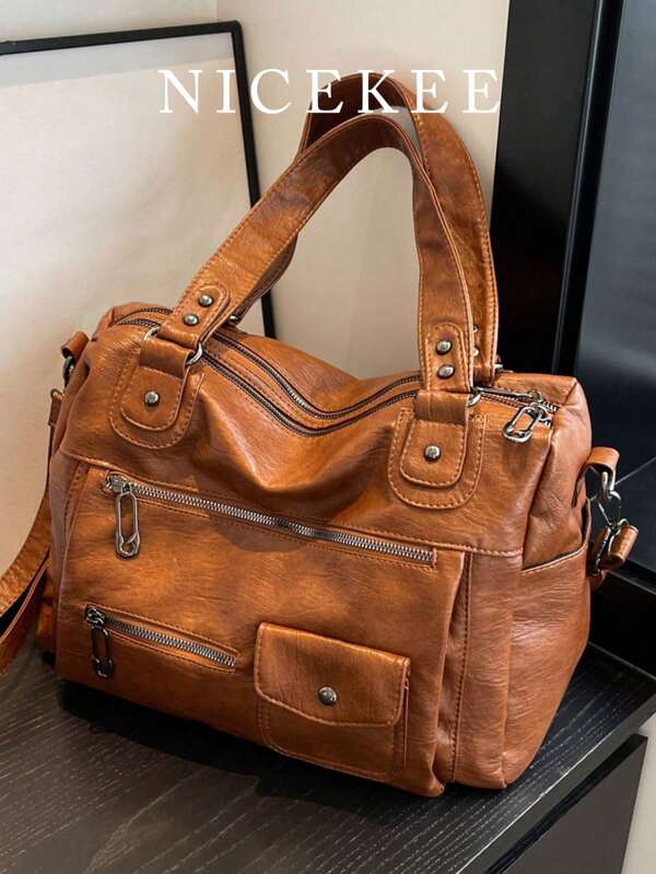 Large Capacity, Super Hot, High-End Feel Bag, New Shoulder Crossbody Bag, Business Travel Luggage Bag, Women's Fashion, Leisure, Retro, Versatile Handbag, Simple Tote Bag, Medieval Motorcycle Bag, Business Casual Woman Bag Perfect For Office Business And Work, Retro Inspired Vintage Bag For Women, Tote Bags For Ladies