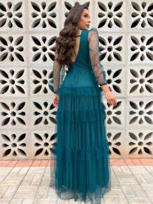 LONG DRESS FOR WEDDING BRIDESMAID TULLE LAYERS LONG SLEEVES - Dark Green - View 2