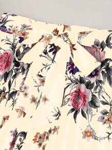 Women's Satin Floral Print Tie-Waist Pleated Elegant Skirt