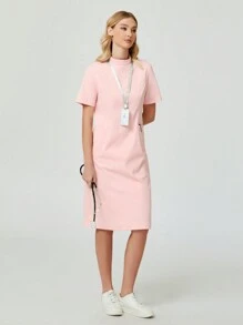 cimmuovere 舒适拉链短袖实用工作磨砂连衣裙，护士连衣裙，适合医疗保健，牙科，美容诊所，心理学家，私人护理 - 粉色 - 查看 7