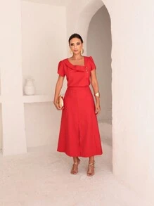 Skirt And Blouse Set In Twill Viscose Short Sleeve Blouse With Boat Neckline Midi Skirt With Flared Model With Pockets And Front Slit - 紅色 - 查看 5