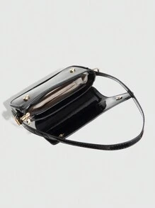 1 buc. Geantă de umăr pentru femei, minimalistă, culoare solidă, vișinie, geantă de umăr cu clapă, geantă baghetă, geantă de mână, geantă subraț, geantă pătrată, geantă cu textură din piele PU, piele lăcuită, cu granulație de crocodil PU, la modă, multifuncțională, elegantă, sexy, potrivită pentru purtare în mână, umăr, serviciu, afaceri, navetă, exterior, călătorii, dimensiunea genții: 27 * 15 * 6 cm