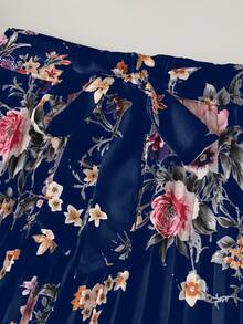 Women's Satin Floral Print Drawstring Pleated Elegant Skirt - Navy Blue - View 4