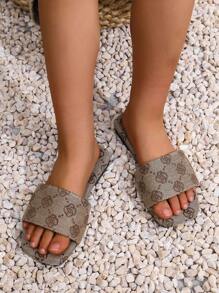 女童户外沙滩绑带花朵人字凉鞋，休闲居家夏季平底淋浴沙滩拖鞋 - 棕色 - 查看 4