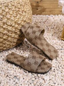 女童户外沙滩绑带花朵人字凉鞋，休闲居家夏季平底淋浴沙滩拖鞋 - 棕色 - 查看 1