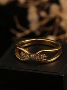 1pc 18K Gold Plated Stainless Steel Double Arrow Water Drop CZ Crystal Criss-Cross Ring, Delicate Minimalist Design For Daily Wear