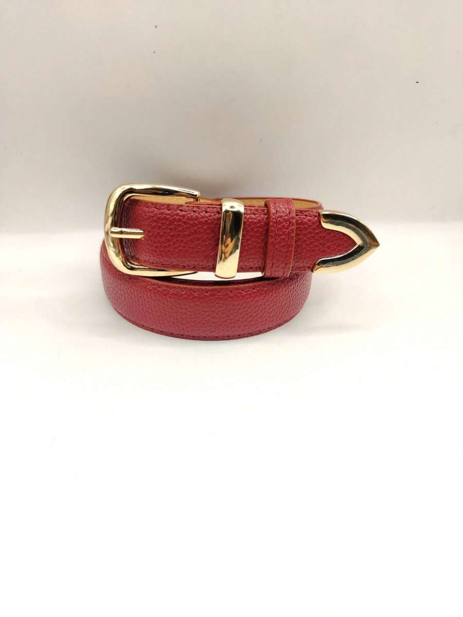 1 Piece 3cm Litchi Embossed Belt, Versatile Style, Metal Buckle For Everyday Use With Leather Lining - Dark Red - View 1