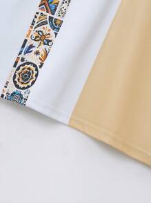 2 件套男士夏威夷服装，夏季时尚印花男士运动休闲拉链领 Polo 衫 + 短裤套装 - 卡其色 - 查看 6