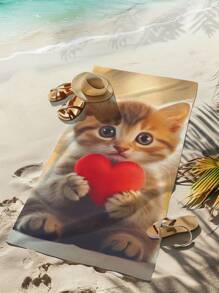 1pc Pet Cat & Heart Printed Beach Blanket, Super Absorbent Microfiber Swimming, Travel, Bath Towel