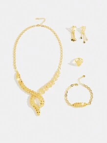 Mgyi Gold-Colored Copper Fashionable And High-End Luxury Retro Jewelry Set For Women,18K Gold Plated Elegant Luxury Square Design Necklace, Earrings, Bracelet, Ring For Women, Suitable For Nigeria, Dubai, Middle East, Saudi Arabia Bridal Wedding, Daily Wear, Wedding Anniversary Gift, Halloween Gift For Friends