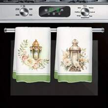 1 Pc, 2 Pcs, 4 Pcs, Towels With Floral And Lantern Prints, Woven From 100% Polyester Fiber, 16 * 24 Inches, Suitable For Party Decoration, Eid Al Fitr, Kitchen And Living Room Decoration - Multicolor - View 2