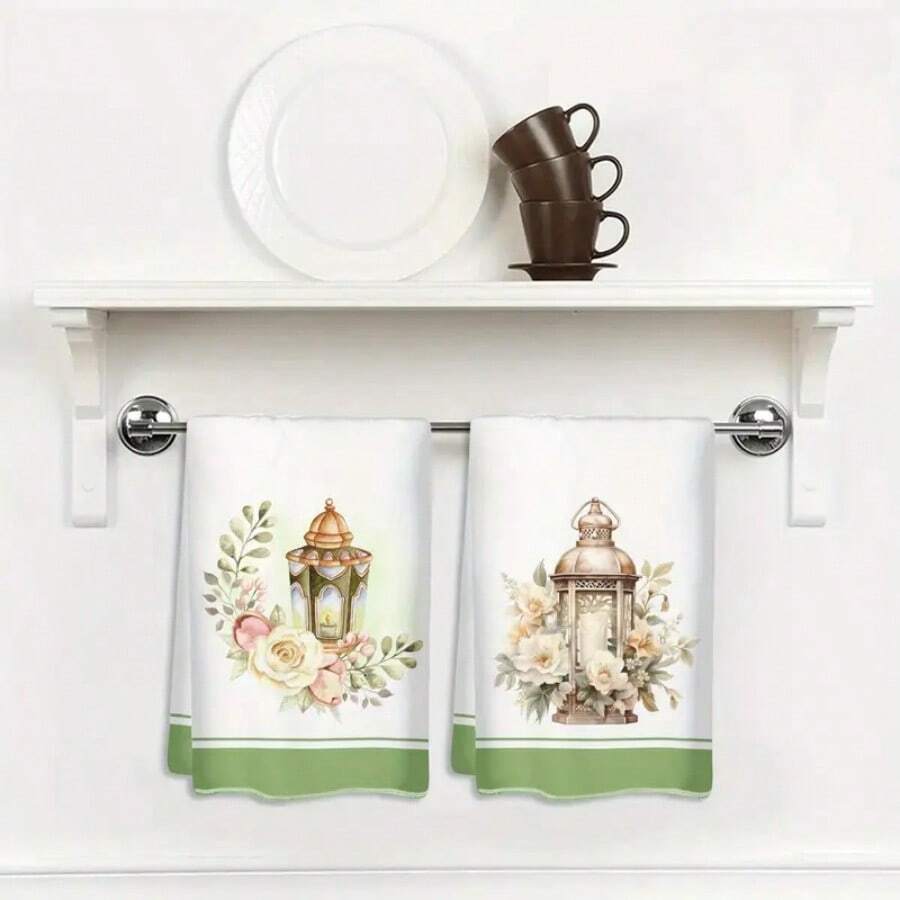 1 Pc, 2 Pcs, 4 Pcs, Towels With Floral And Lantern Prints, Woven From 100% Polyester Fiber, 16 * 24 Inches, Suitable For Party Decoration, Eid Al Fitr, Kitchen And Living Room Decoration - Multicolor - View 1