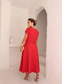 Skirt And Blouse Set In Twill Viscose Short Sleeve Blouse With Boat Neckline Midi Skirt With Flared Model With Pockets And Front Slit - 紅色 - 查看 7