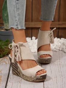Women's Platform Wedge High Heel Peep Toe Summer Sandals With Side Zipper, Casual Roman Style
