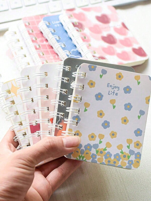 Set de 4 cuadernos de espiral con adorno floral, tamaño de bolsillo mini A7, diarios portátiles para oficina, escuela, útiles escolares, regreso a clases