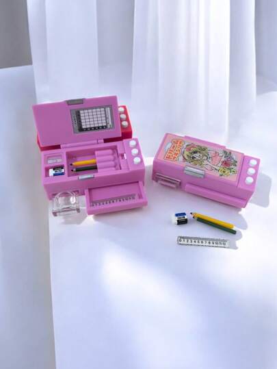 1pc Mini Multi-Function Pencil Box, Stationery Case, Ruler, Color Pens, Miniature Prop, Dollhouse Decoration, Photography Prop