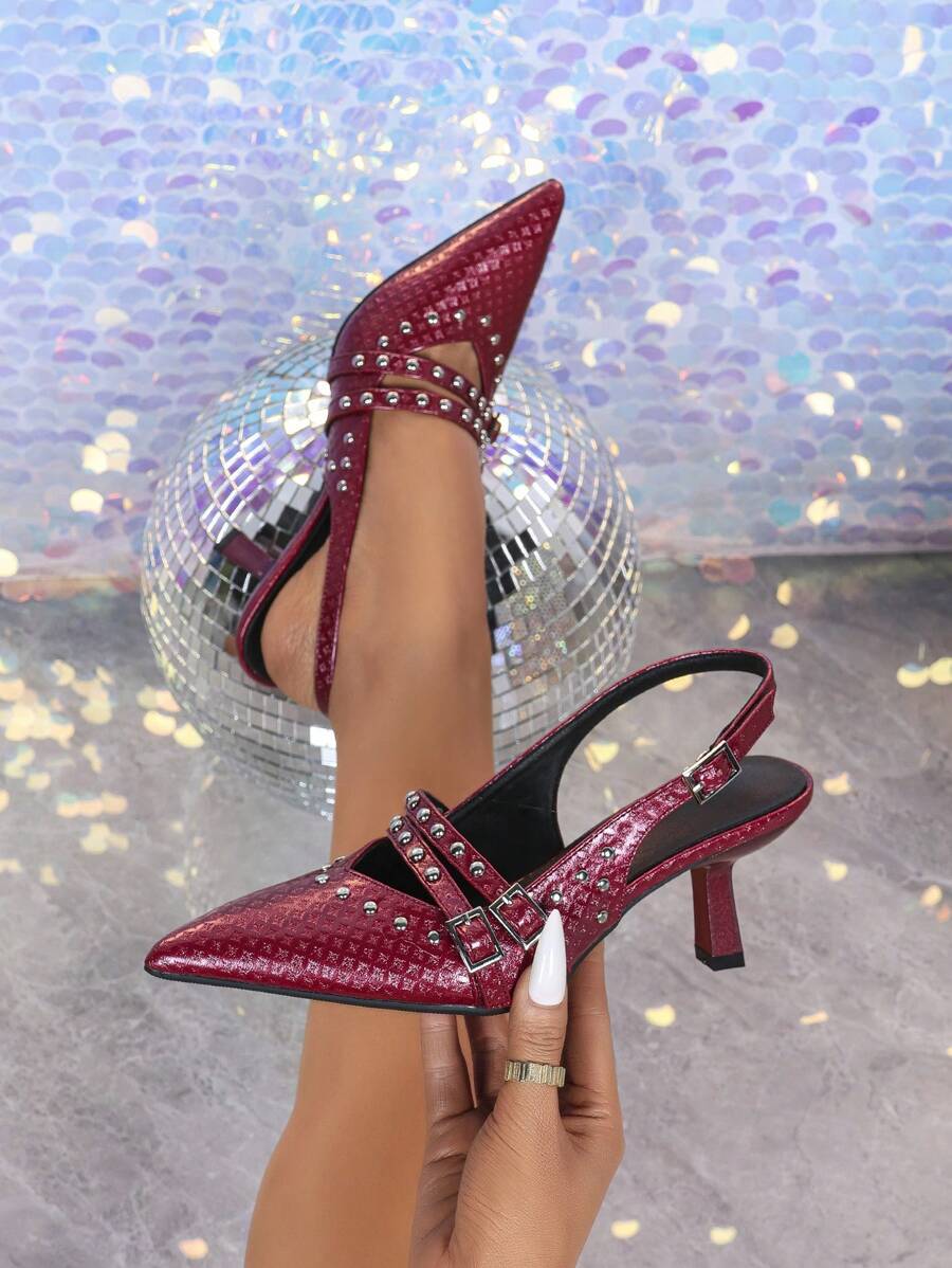 Sandalias de tacón grueso con punta puntiaguda y lazo, elegantes, para mujer, Otoño/Invierno 2025 - Burdeos - Ver 1