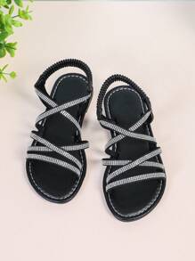 1 pereche Sandale plate cu decor cu strasuri strălucitoare și negre pentru copii/fete, curea elastică din PU, vârf închis, anti-alunecare Casual, stil roman drăguț, potrivite pentru 3-15 ani, zilnic, petrecere, vacanță