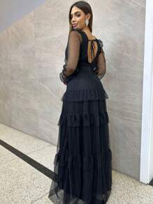 LONG DRESS FOR WEDDING BRIDESMAID TULLE LAYERS LONG SLEEVES - Azul Marino - Ver 2