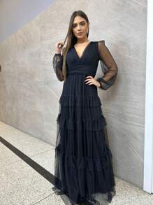 LONG DRESS FOR WEDDING BRIDESMAID TULLE LAYERS LONG SLEEVES - Azul Marino - Ver 1