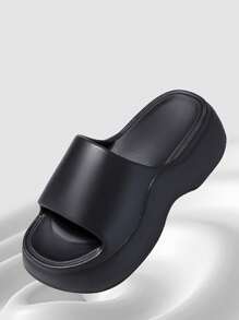 女士黑色露趾一脚蹬凉鞋，厚底，防滑，沙滩散步拖鞋，春夏 - 黑色 - 查看 4